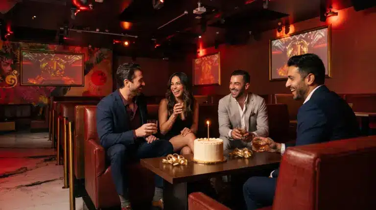 Editorial illustration of four adult friends celebrating a birthday with a small cake in a red lounge booth