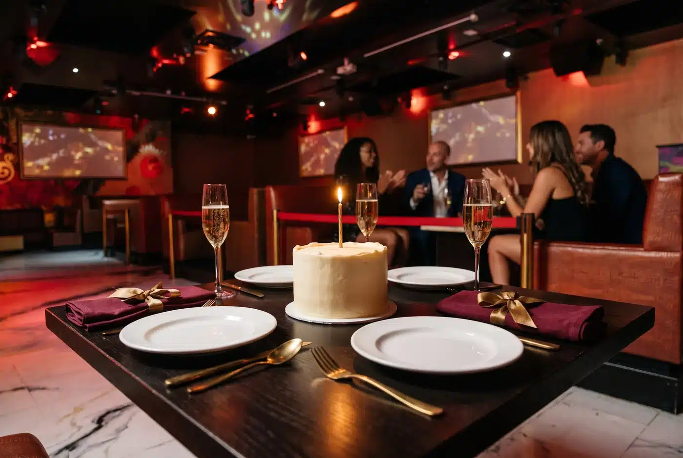 Editorial illustration of a birthday cake, dessert plates and burgundy napkins on a lounge table