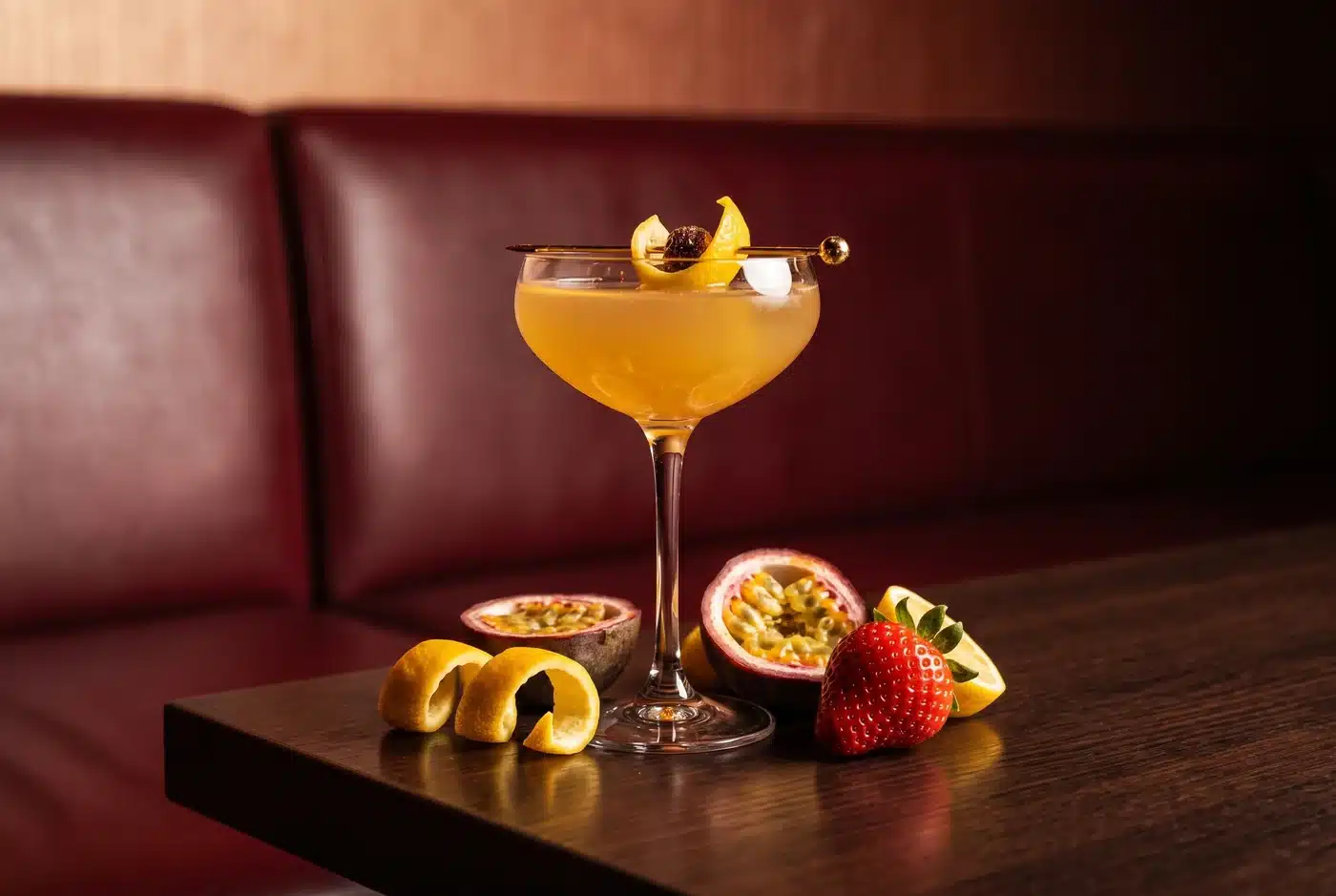 Editorial illustration of a golden cocktail with passion fruit, strawberry and citrus on a lounge table
