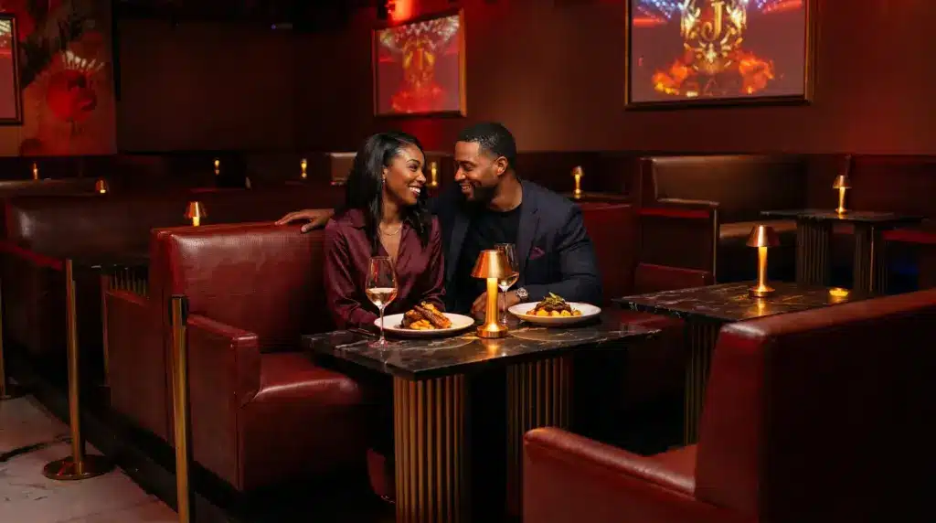 Editorial illustration of an adult couple enjoying dinner together at a red lounge booth