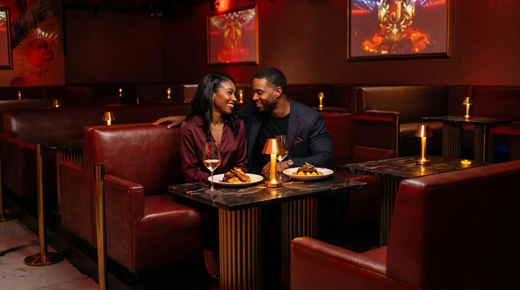 Editorial illustration of an adult couple enjoying dinner together at a red lounge booth