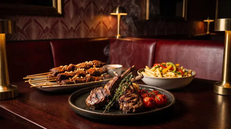 Editorial illustration of grilled lamb chops, suya and pasta on a table beside red lounge seating