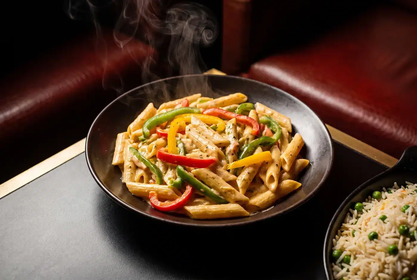 Editorial illustration of creamy penne with bell peppers and a side of rice and peas