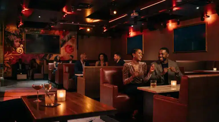Editorial illustration of adult guests enjoying a music night among Josephine-inspired red lounge booths