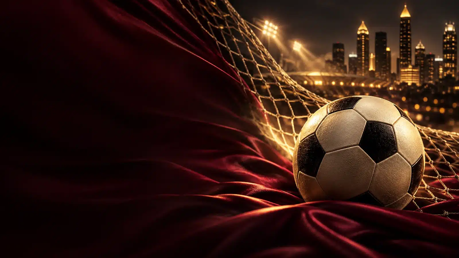 Soccer ball and Atlanta skyline on burgundy silk welcome-party artwork