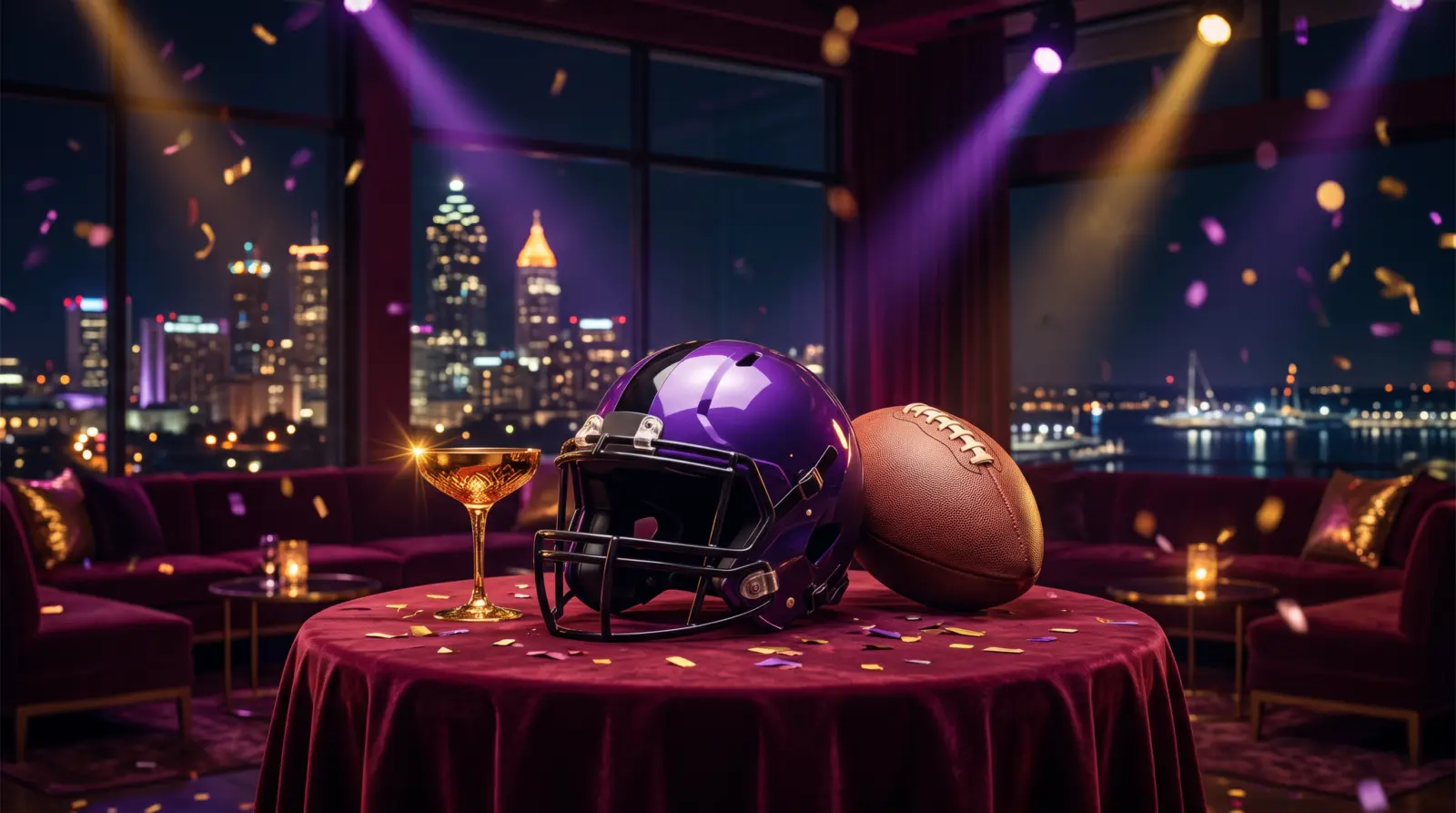 Purple football helmet and football at a Baltimore-to-Atlanta pregame celebration