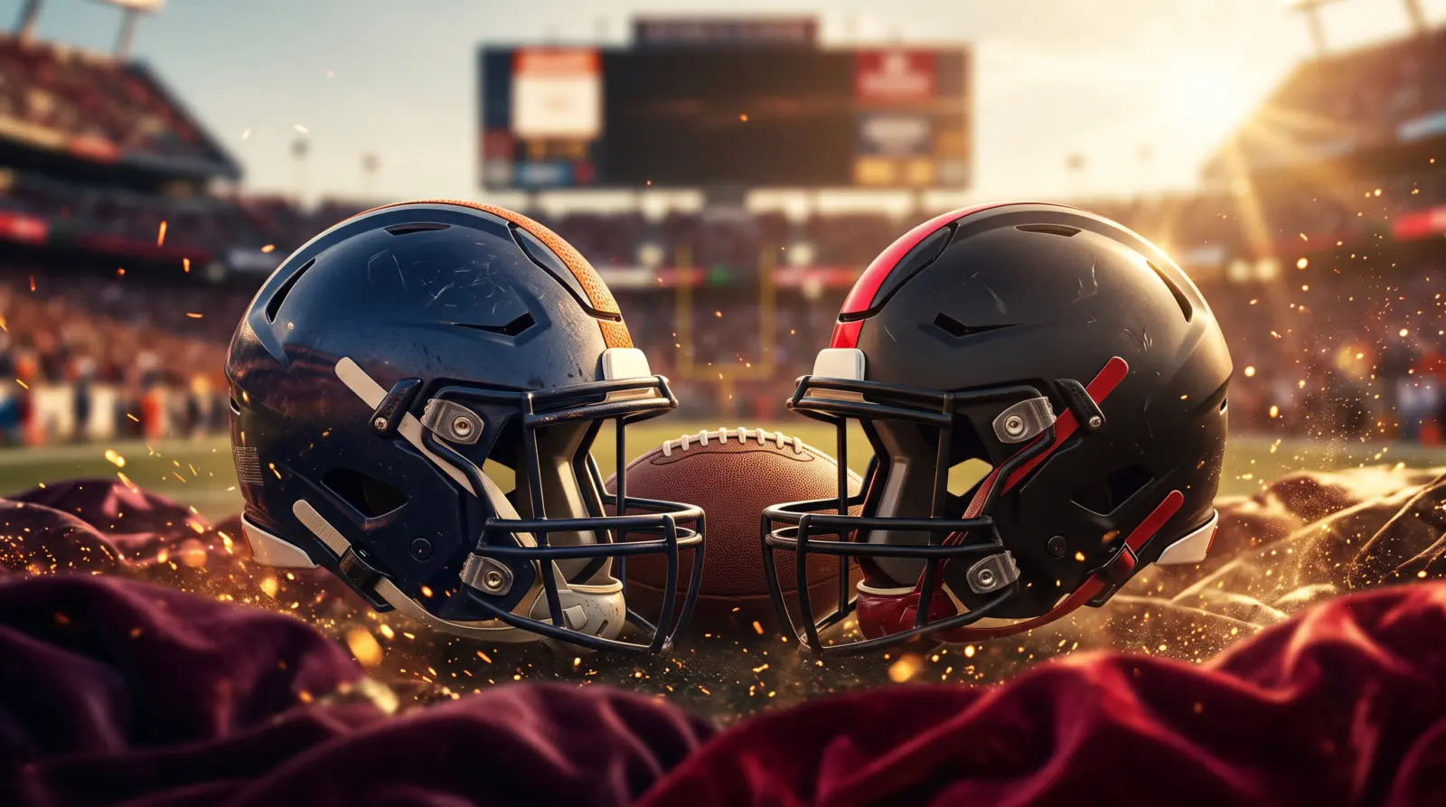 Navy and black football helmets in event artwork