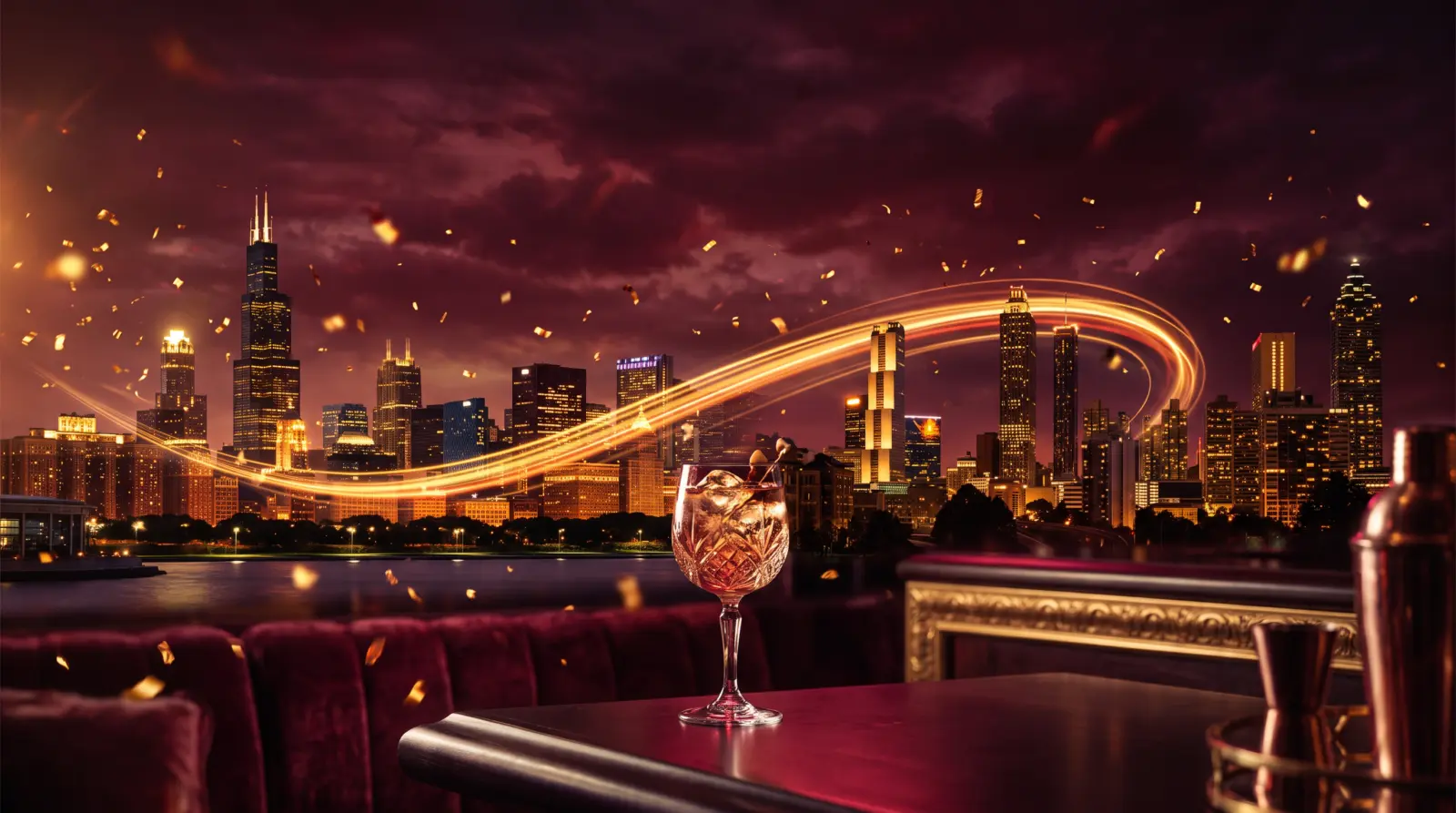 Chicago and Atlanta skylines connected by golden light