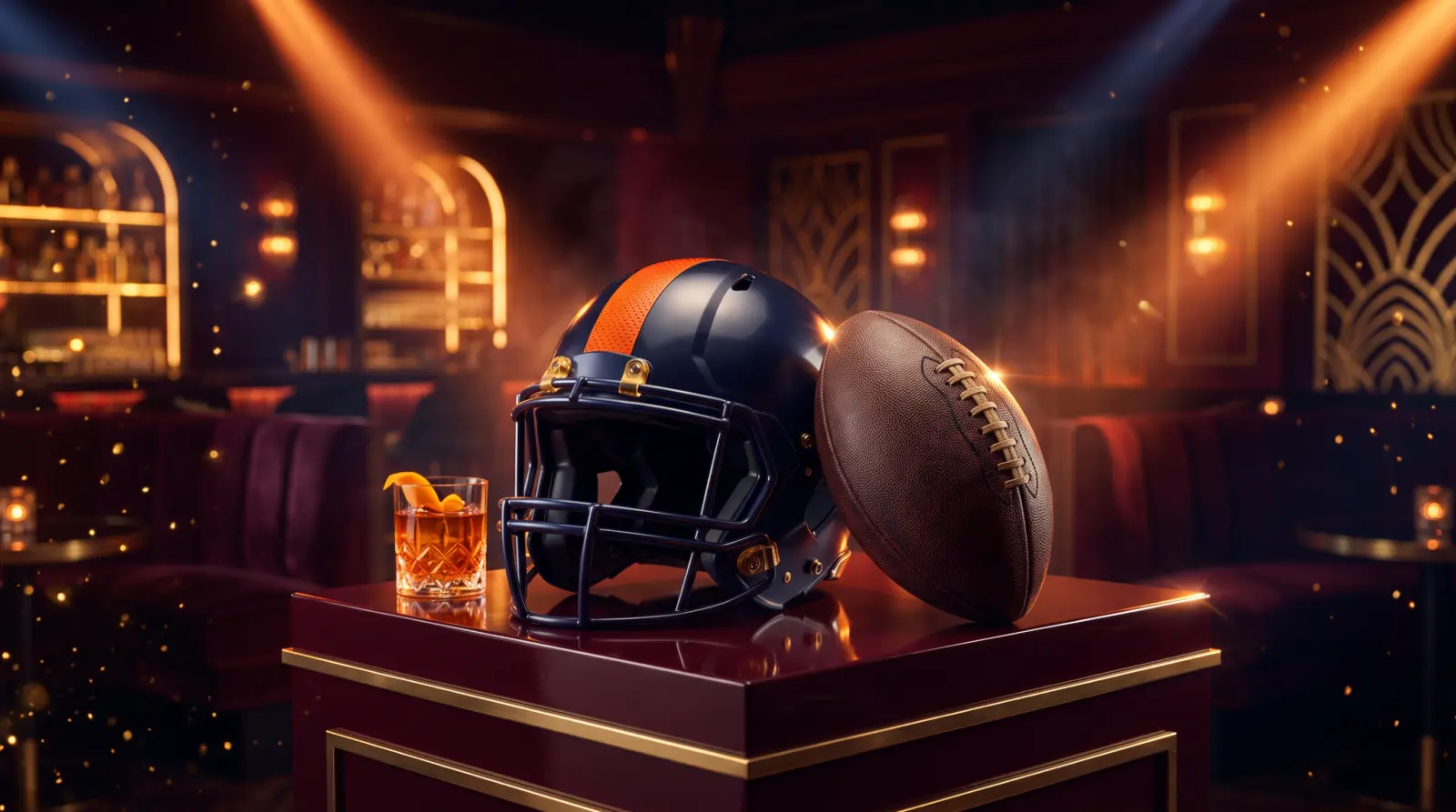 Navy and orange football helmet at a pregame celebration