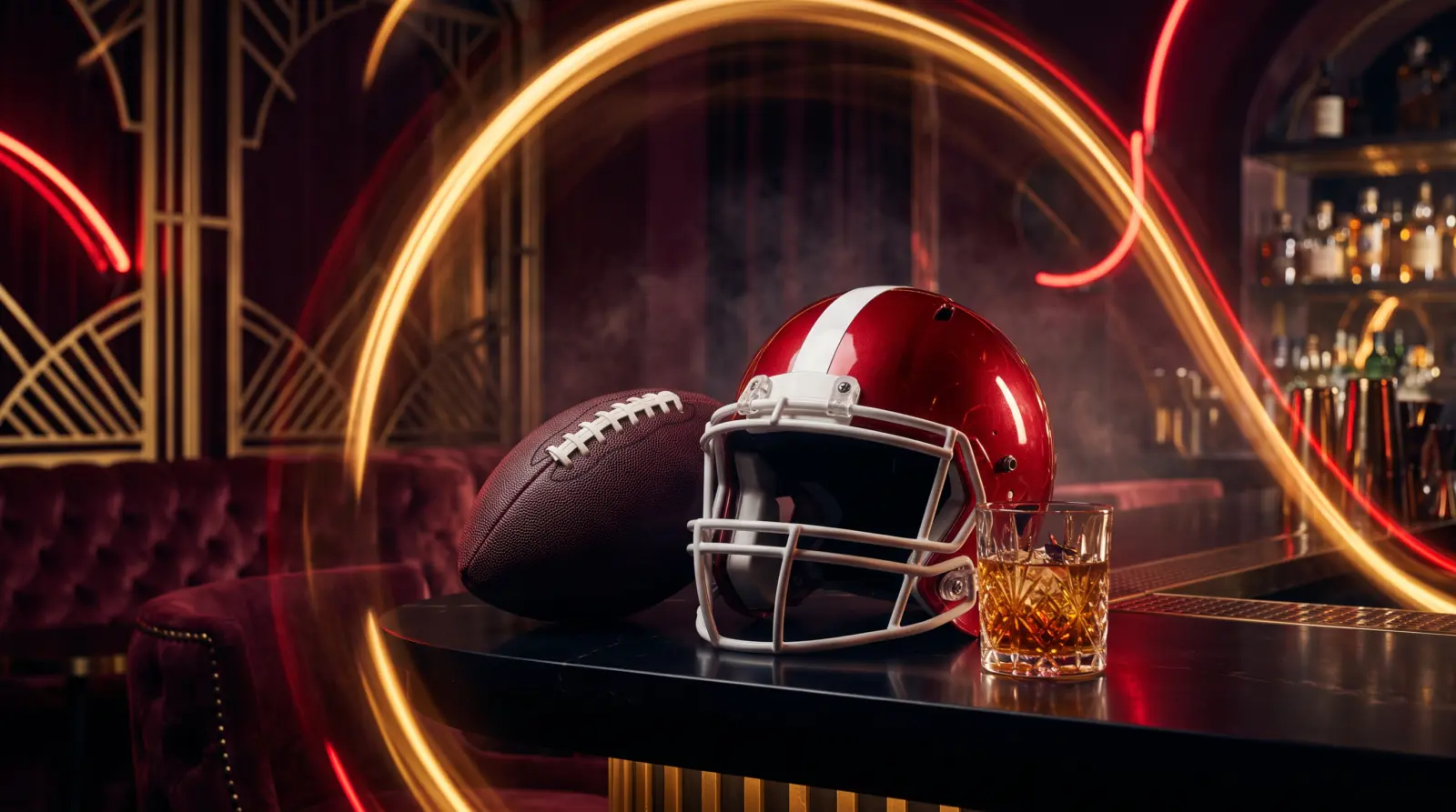 Red football helmet surrounded by glowing gold light