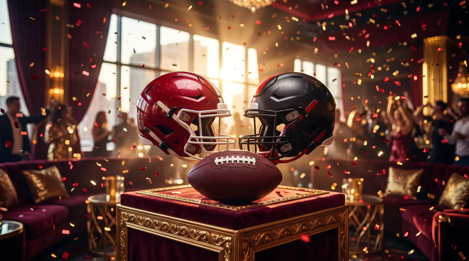 Red and black football helmets at a postgame celebration