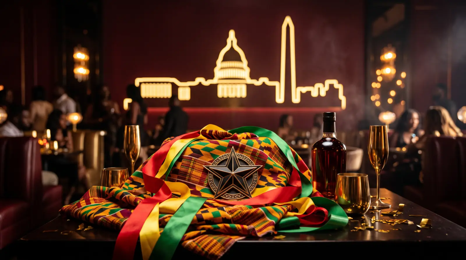 Ghanaian kente fabric and black star beneath a Washington skyline