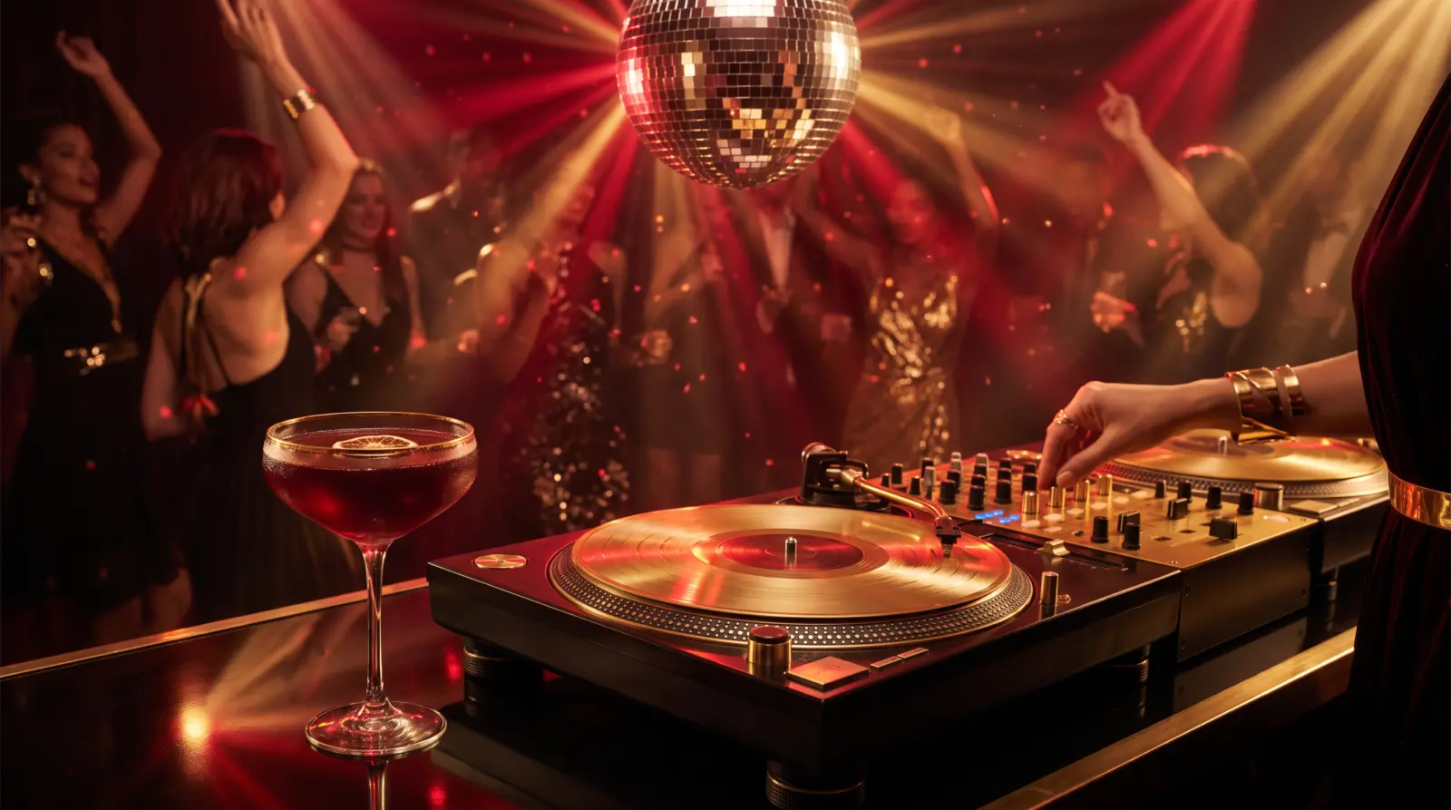 DJ turntable beneath a gold disco ball