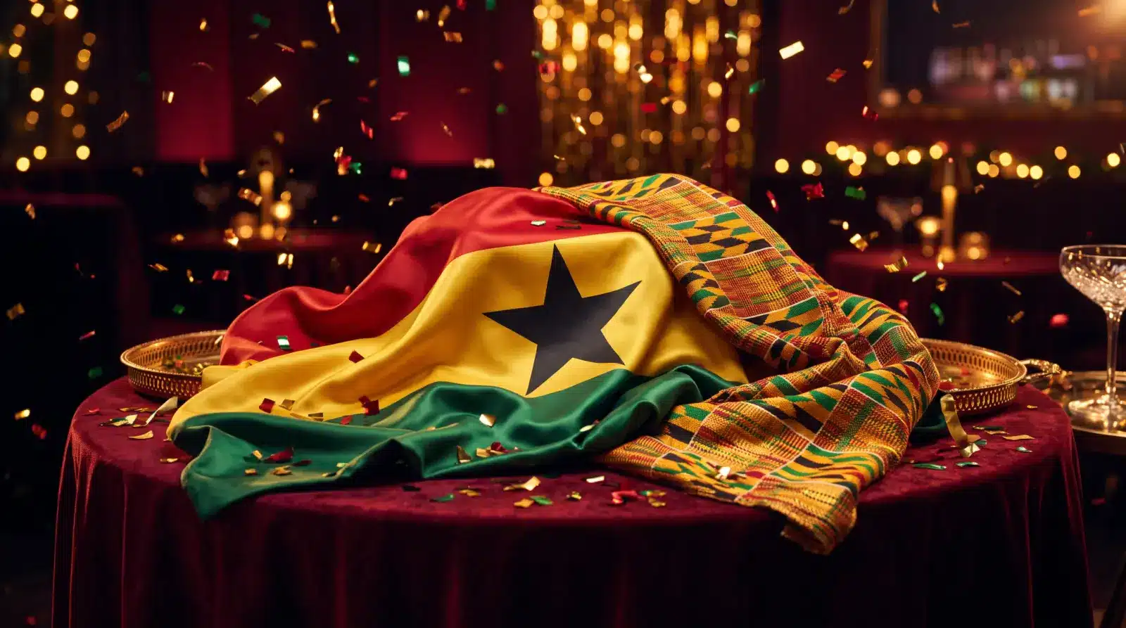 Ghana flag and kente textile with golden celebration lights