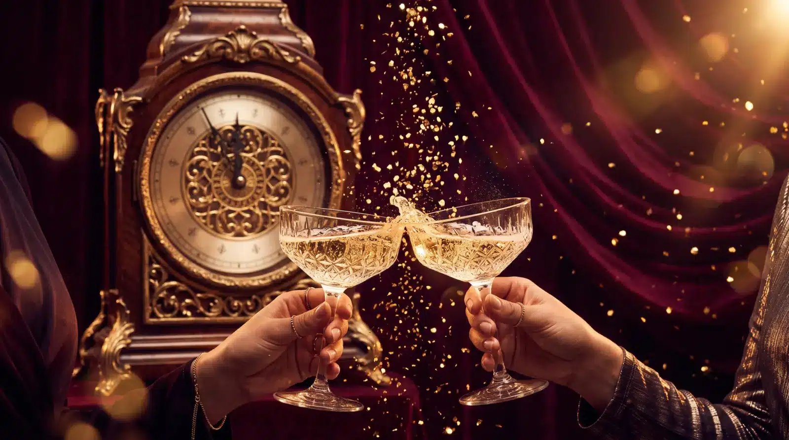 Champagne toast with gold confetti and a midnight clock