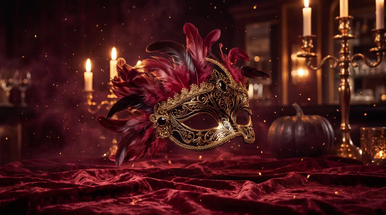 Gold masquerade mask with burgundy feathers and candlelight