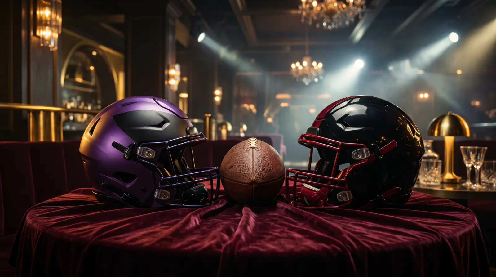 Purple and black football helmets face off beside a football